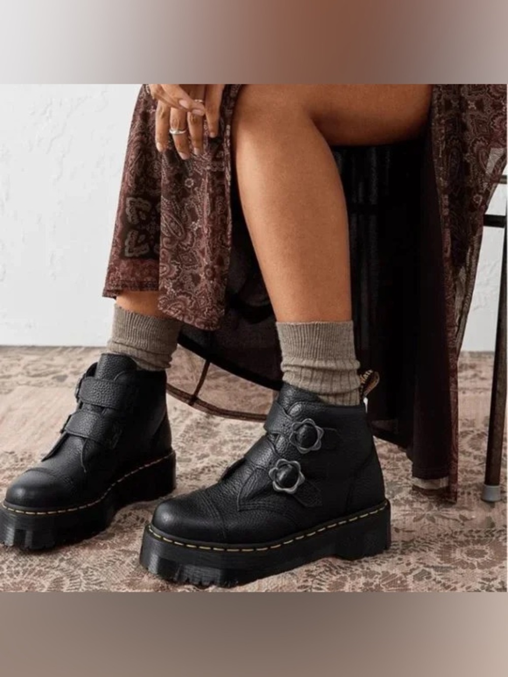 Dr. Martens Devon Flower Black Leather Platform Ankle Boots Floral Buckles 11